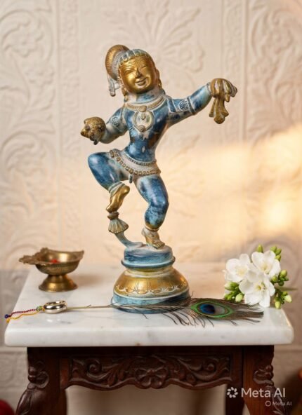 Brass Antique Blue Finish Dancing Bal Krishna Idol – Handcrafted Decorative Brass Statue | 18 cm