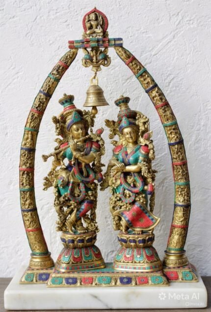 Handcrafted Brass Radha Krishna Jhula with Decorative Arch & Bell | Multicolor Stone Inlay Temple Statue | 114 cm
