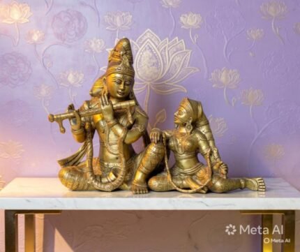 Handcrafted Brass Radha Krishna Sitting Statue | Antique Finish | Premium Spiritual & Home Décor | 27 cm