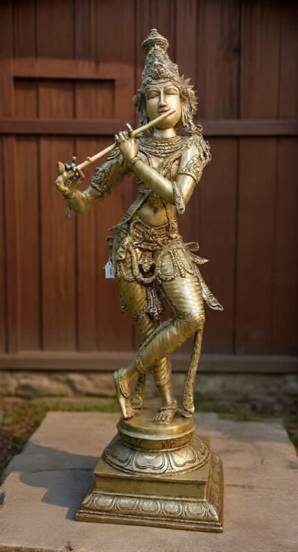 Handcrafted Brass Standing Lord Krishna Statue | Antique Finish | Premium Temple & Home Décor | 89 cm