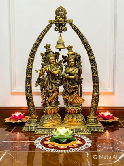 Handcrafted Brass Radha Krishna Statue with Ornate Arch & Hanging Bell | Antique Finish | Premium Temple Décor | 115 cm