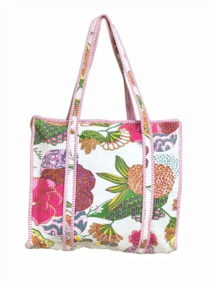 Handcrafted Quilted Cotton Floral Tote Bag | Lightweight Reusable Shoulder Bag for Shopping, Travel, Office & Everyday Use