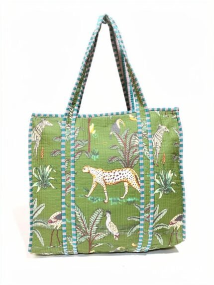 Handcrafted Quilted Cotton Jungle Print Tote Bag | Lightweight Reusable Shoulder Bag for Shopping, Travel, Office & Everyday Use