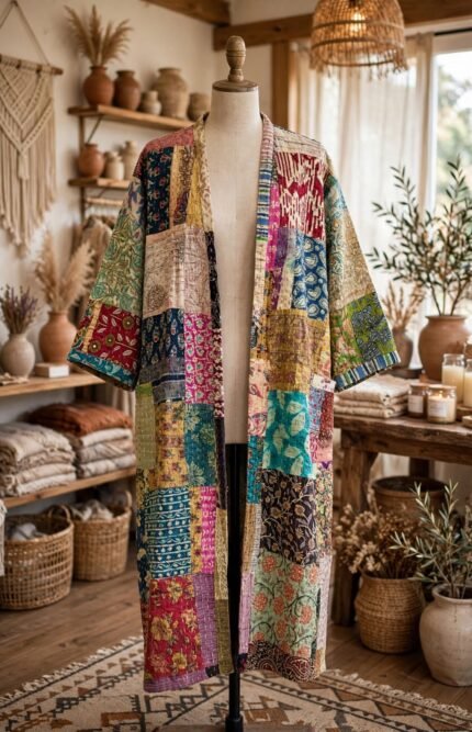 Multicolor Patchwork Kantha Cotton Long Robe