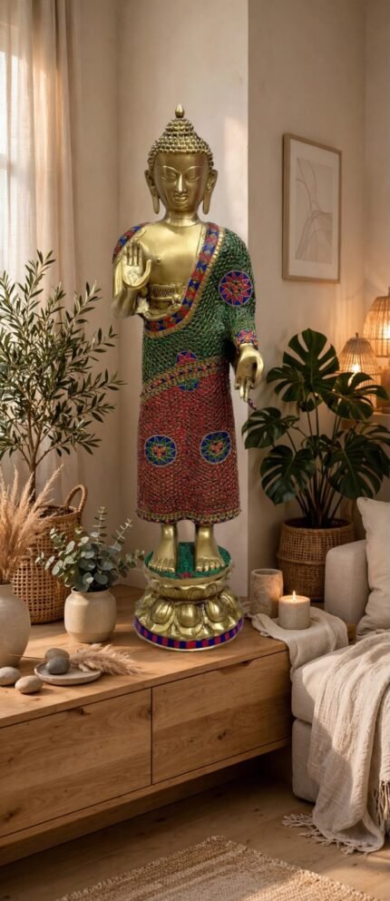 Standing Buddha Statue with Multicolor Ornate Robe and Lotus Base