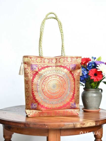 Coral Red Mandala Jacquard Tote Bag