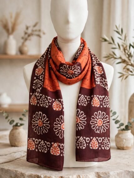 Handcrafted Pure Silk Batik Scarf – Traditional Wax-Resist Floral Mandala & Paisley Motif | Burnt Orange & Rust Brown