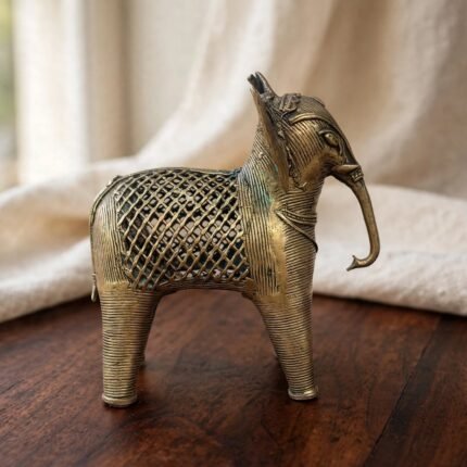 Handcrafted Dhokra Brass Elephant Figurine – Open-Lattice Jali Body