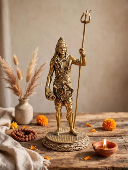 Superfine Handcrafted Standing Lord Shiva Brass Idol Holding Trishul & Kamandalu