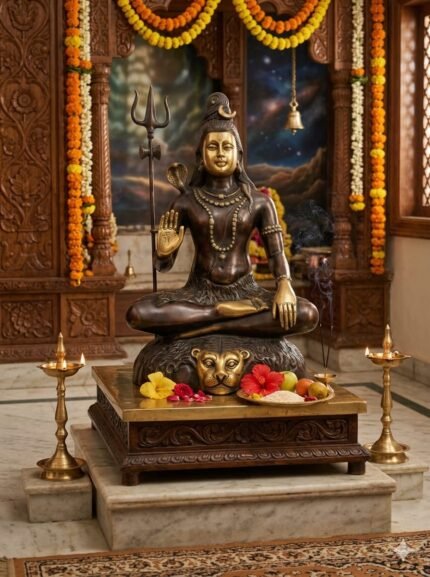Handcrafted Dual-Tone Brass Meditating Lord Shiva Idol on Tiger Skin Base with Trishul