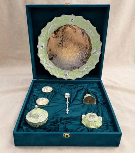 Handcrafted German Silver & Mint Green Meenakari Puja Thali Set in Royal Velvet Gift Box